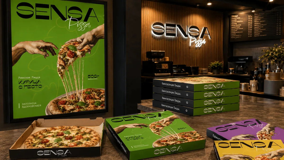 Fresh SENSA pizza and boxes by the oven